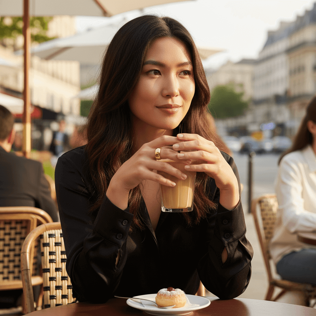 Afbalanceret ring worn by a woman holding a coffee drink at a cafe with a pastry.