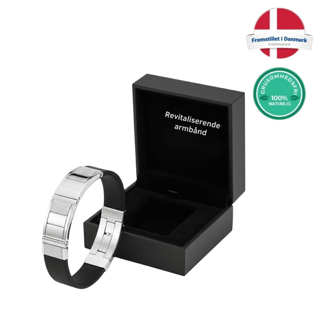 Revitaliserende armbånd in a black gift box, showcasing its sleek design and Scandinavian craftsmanship.