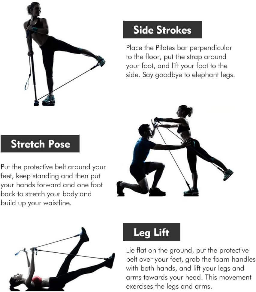 Skönhed PilatesStang Kit exercise guide featuring side strokes, stretch pose, and leg lift techniques.