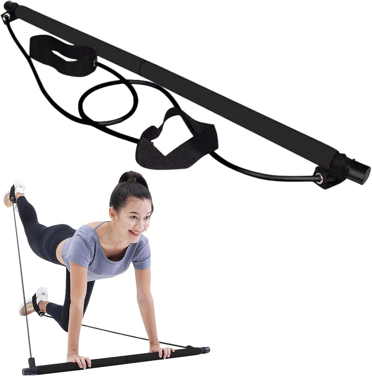 Skönhed PilatesStang Kit with resistance bands and user performing Pilates workout at home.