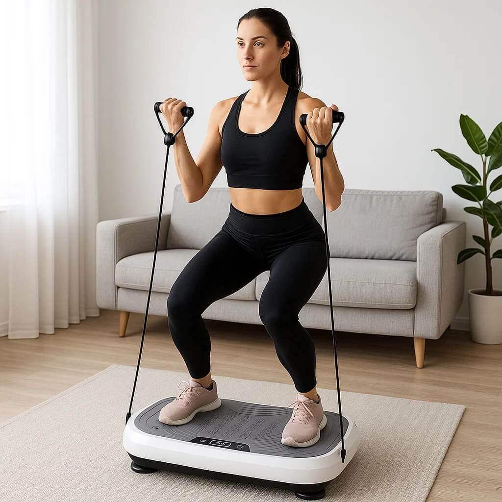 Kvinde træner med Skönhed ShakeForm vibrationsplatform i et moderne hjem.