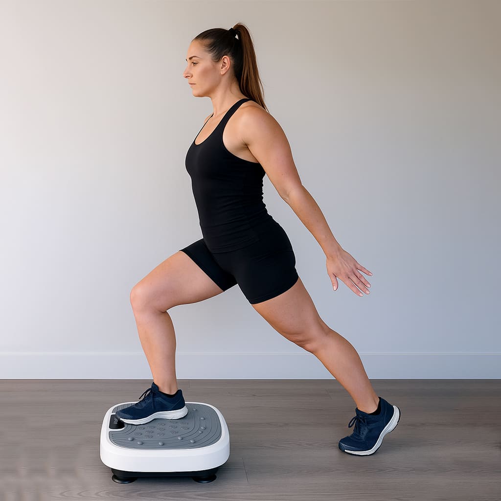 En person bruger Skönhed ShakeForm til træning på en vibrationsplatform i hjemmet.