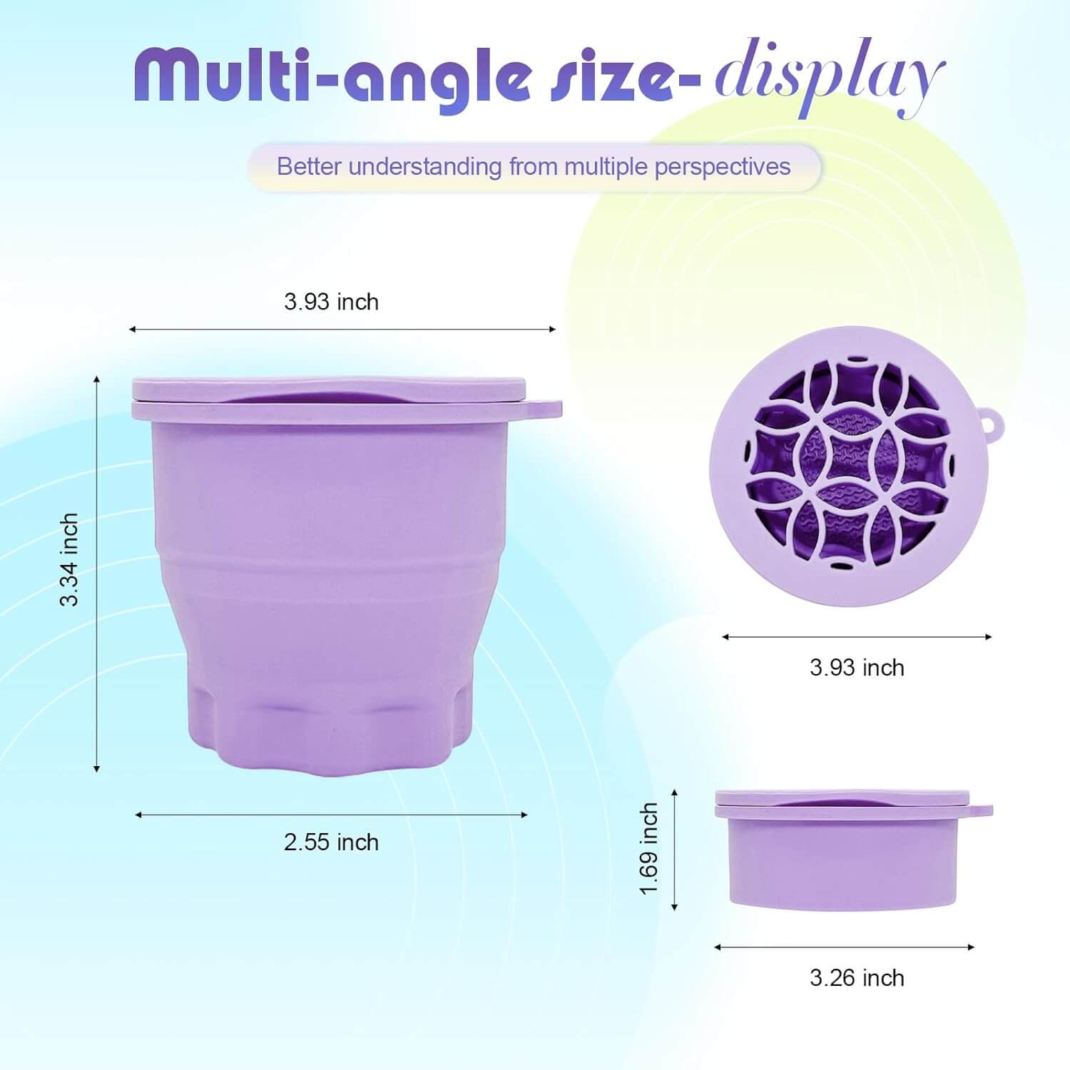 Multi-angle size display of a purple collapsible container, showcasing dimensions and design for better understanding.
