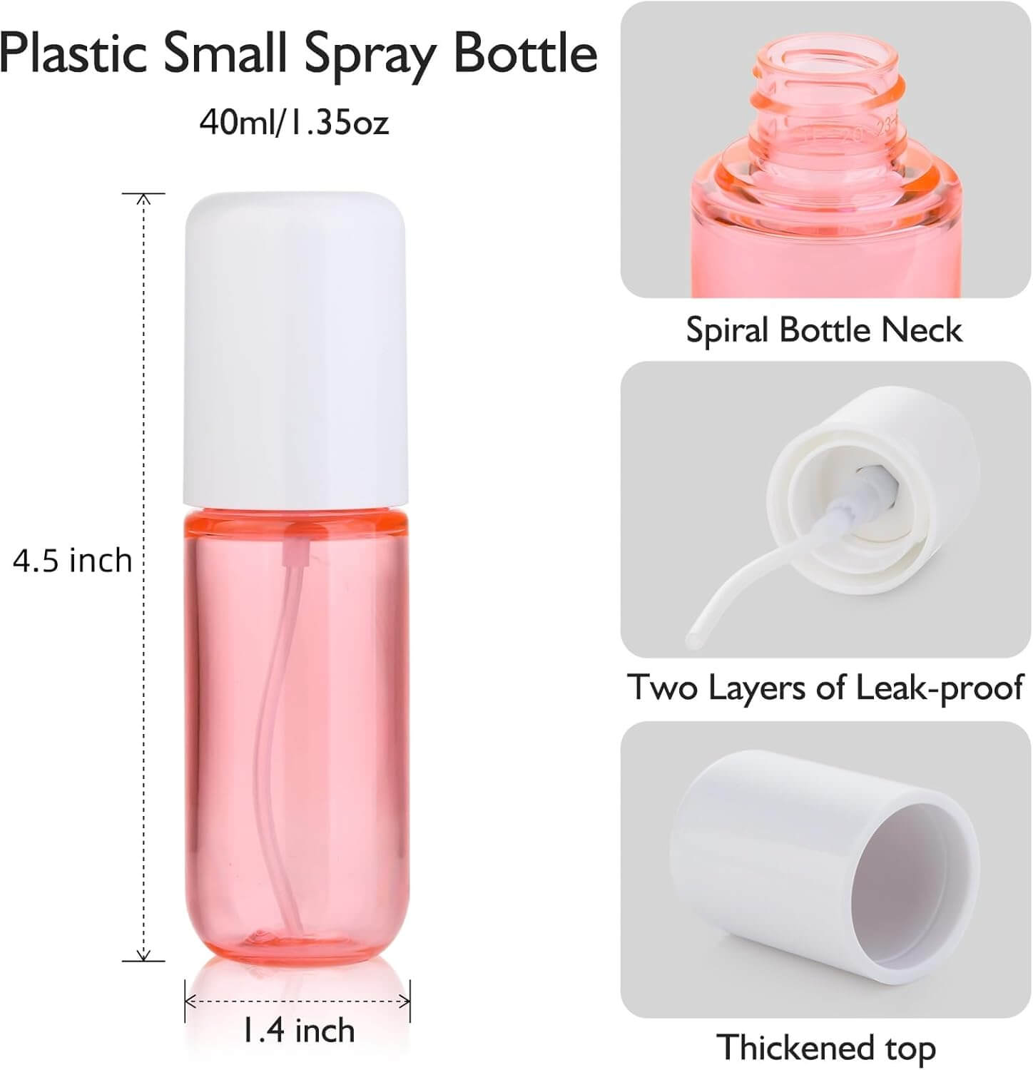 Skönhed – Genopfyldelige Rejse Sprayflasker i plast, 40ml, lækagesikre med tyk top og spiralflaskehal.