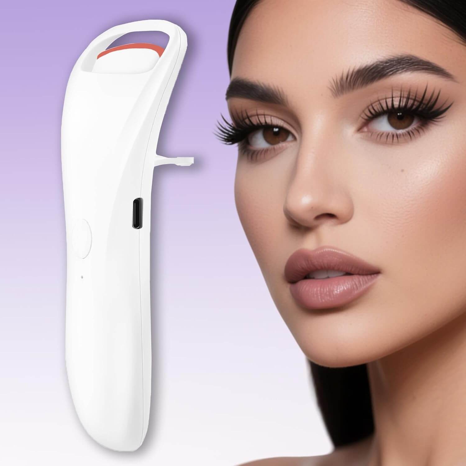 SKÖNHED Elektrisk Øjenvippebukker ved siden af en model med perfekt buede vipper