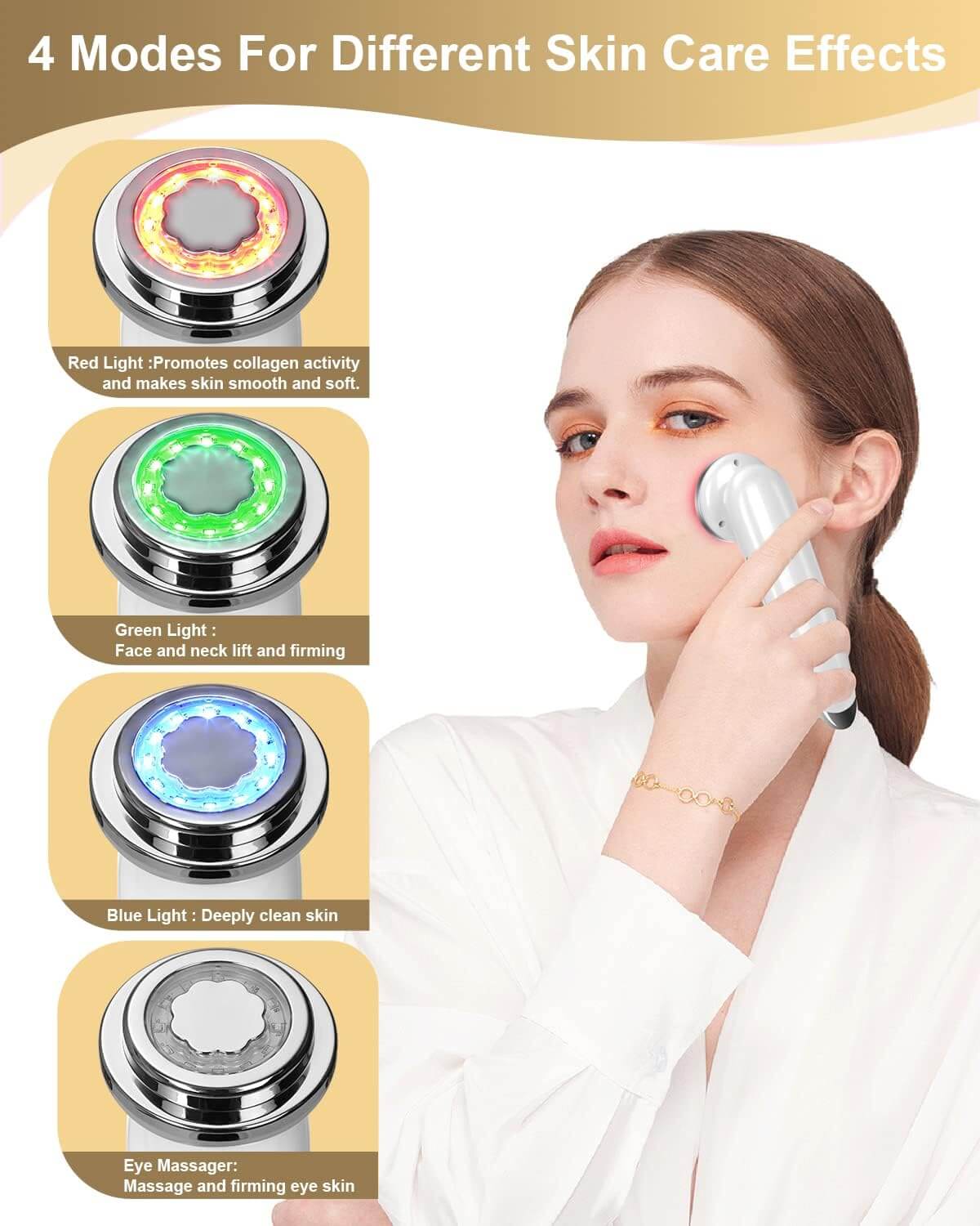 SKÖNHED LED Hudplejeapparat with 4 LED light modes for different skin care effects and a user applying it.