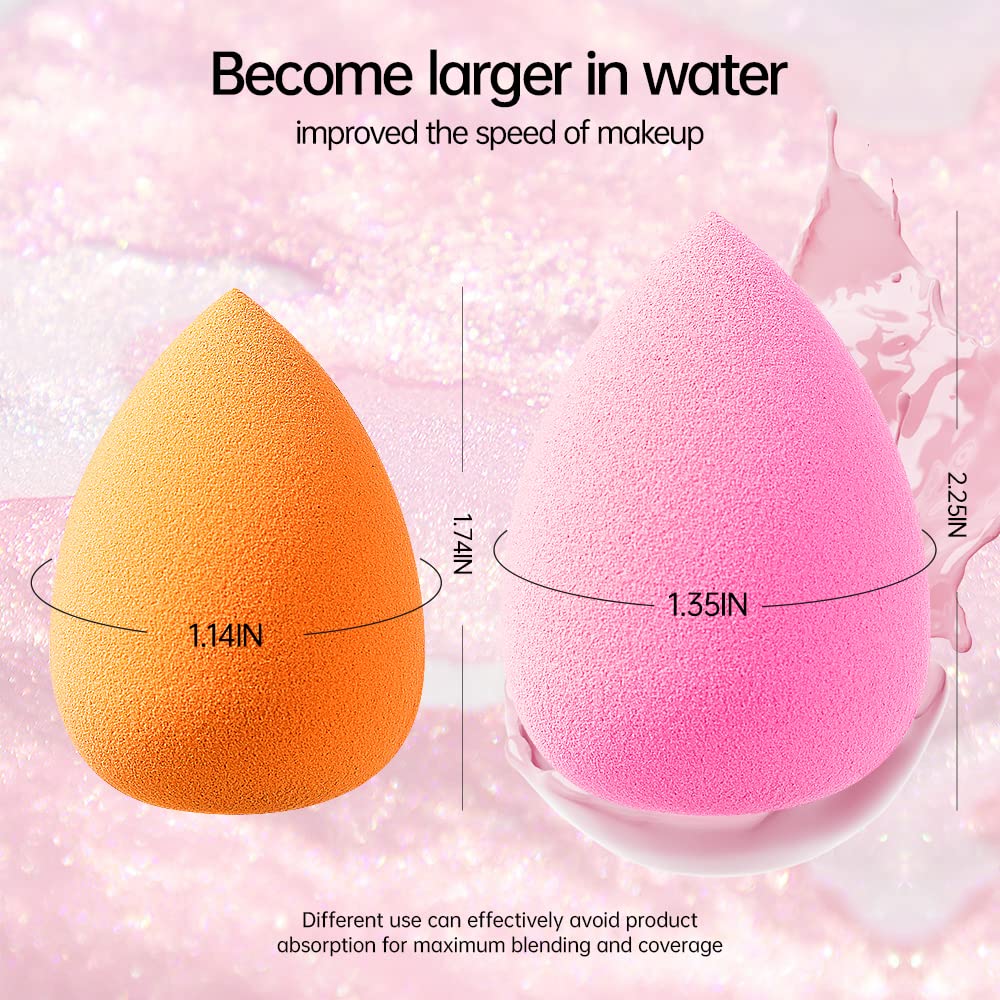 Skönhed – Makeup Svamp Blender i orange og pink, viser størrelse og forbedret makeup-påføringshastighed.