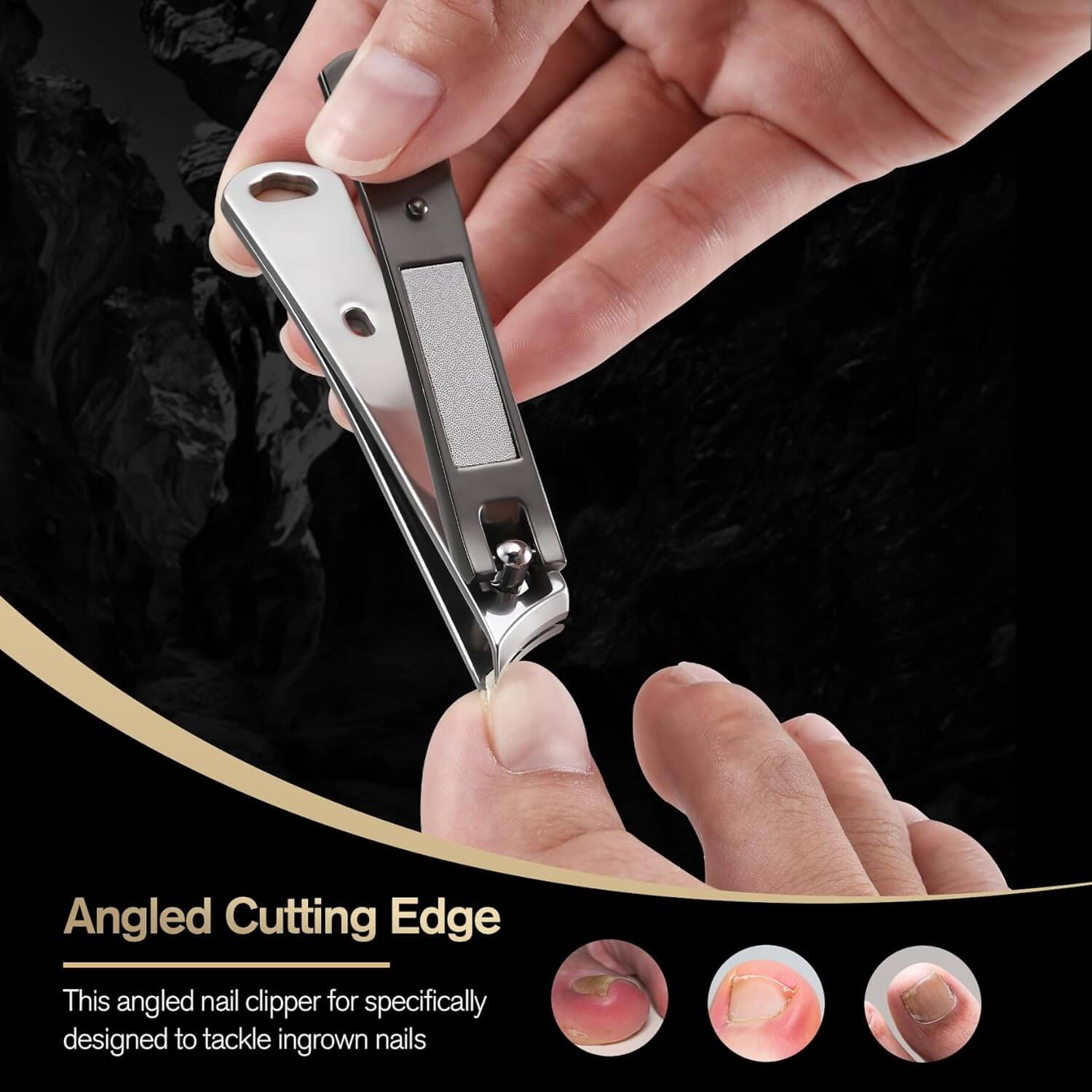 Person using SKÖNHED Negleklipper i rustfrit stål with an angled cutting edge for precise nail trimming.