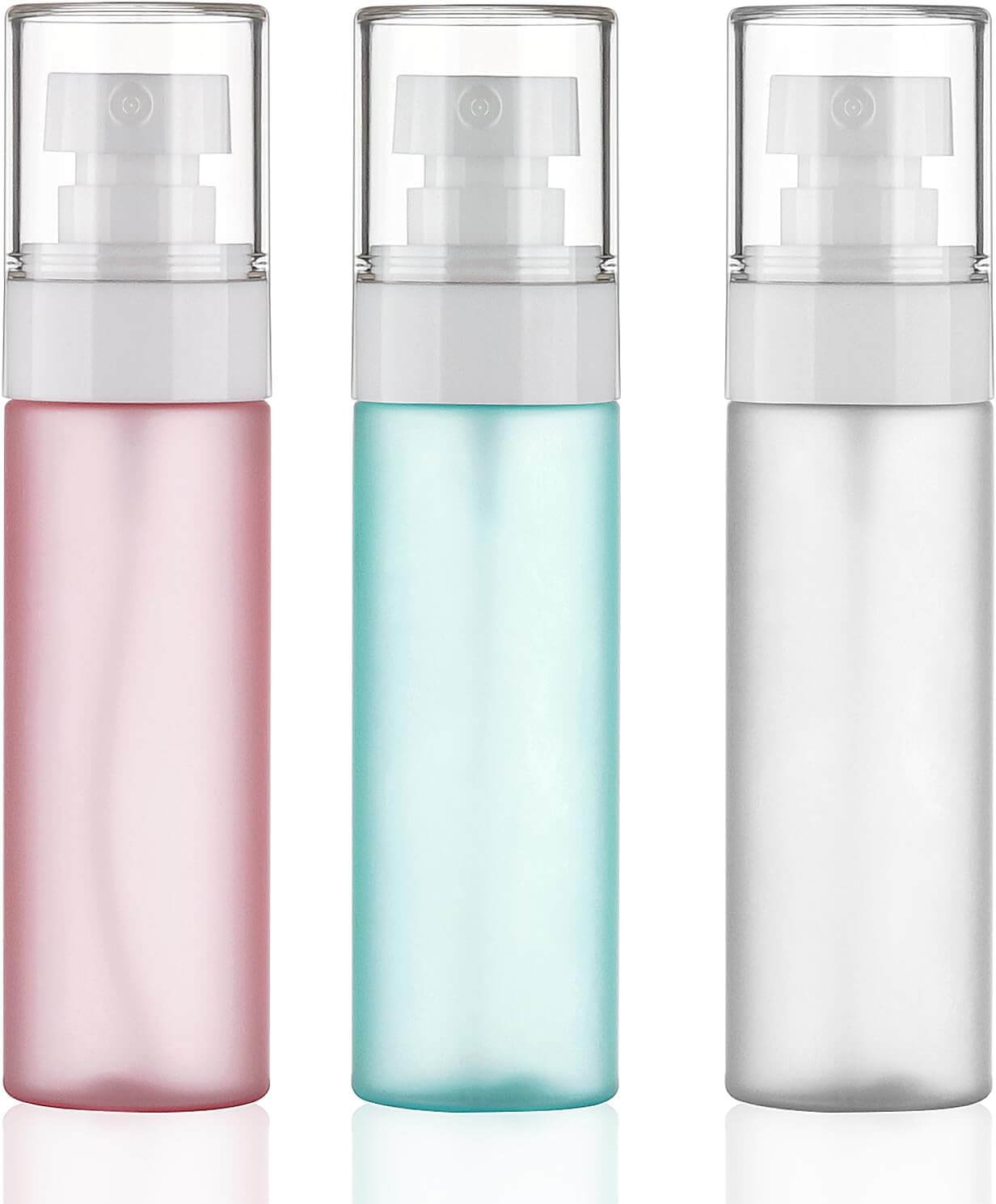Skönhed Rejse Sprayflasker – 3-pak: elegant 3-pack of travel spray bottles in pink, blue, and silver, perfect for personal care.