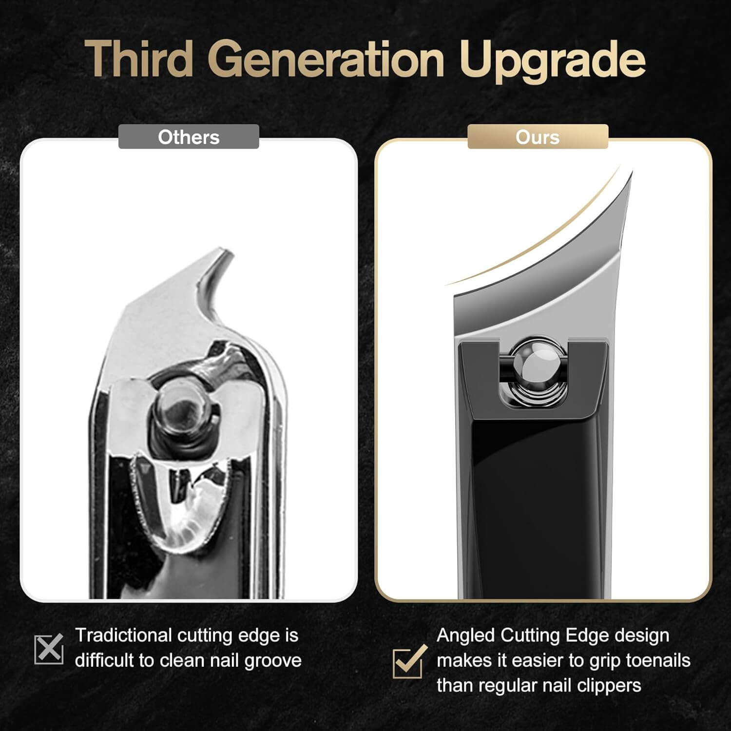 Comparison of nail clippers showing SKÖNHED Negleklipper i rustfrit stål angled cutting edge upgrade.